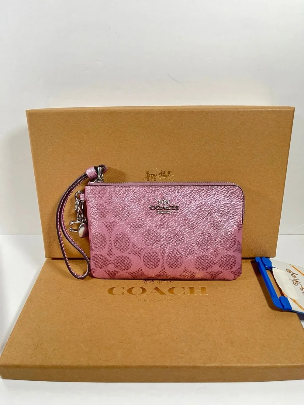 NWT Coach Boxed Corner Zip Wristlet Sig Canvas Pink Rose Silver Hrdware w Charms